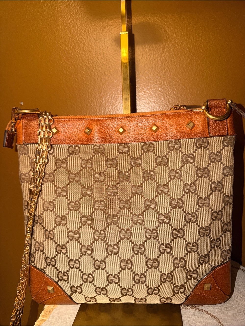Gucci Brown GG Canvas and Leather Messenger Crossbody Bag w/ Added Chain Strap - Picture 2 of 7